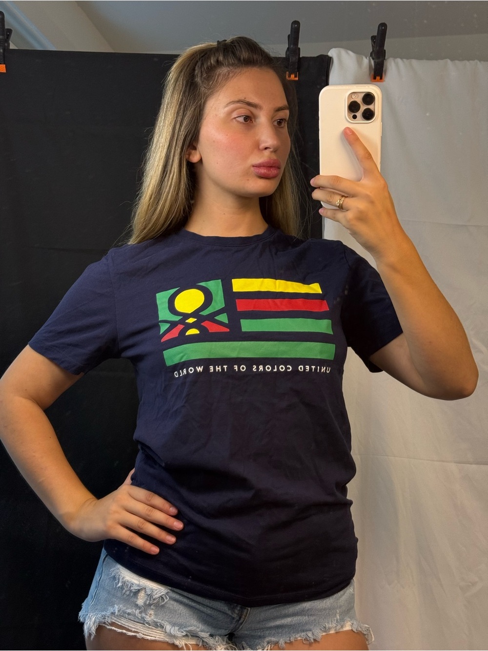 United Colors Of Benetton Navy Graphic Tee with Multicolor Flag Print